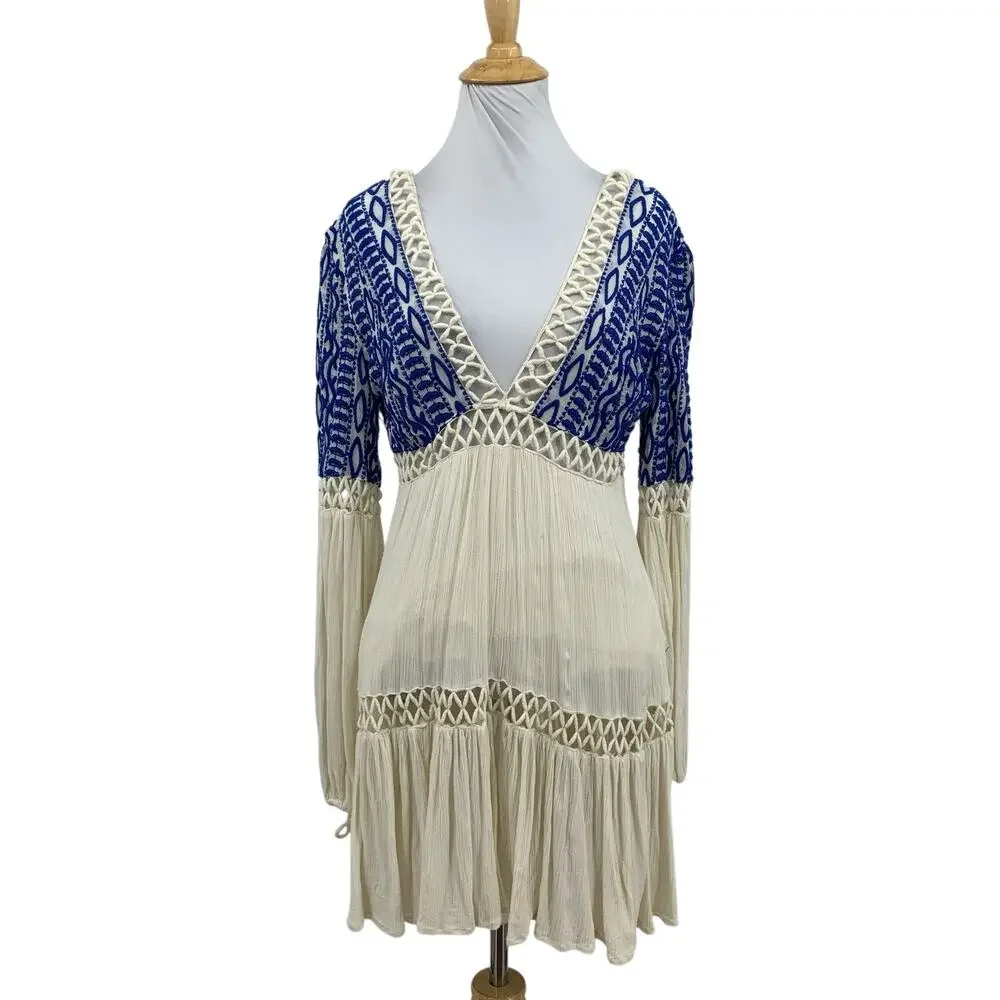 Free People Dress Womens 6 Harbor Ivory Dusk Till Dawn Crochet Deep V Neck Mini